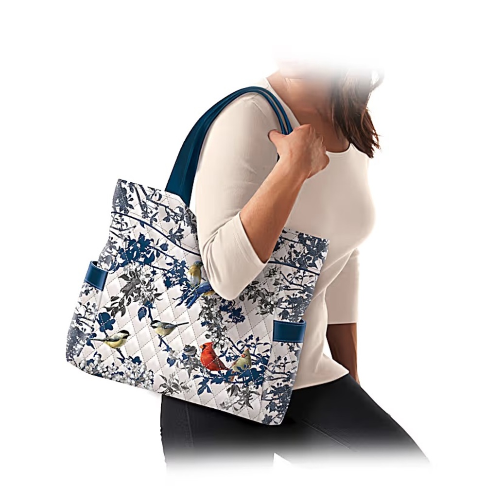 The Bradford Exchange Quilted Bird-Print Tote in Blue, White, Red, Yellow NWOT